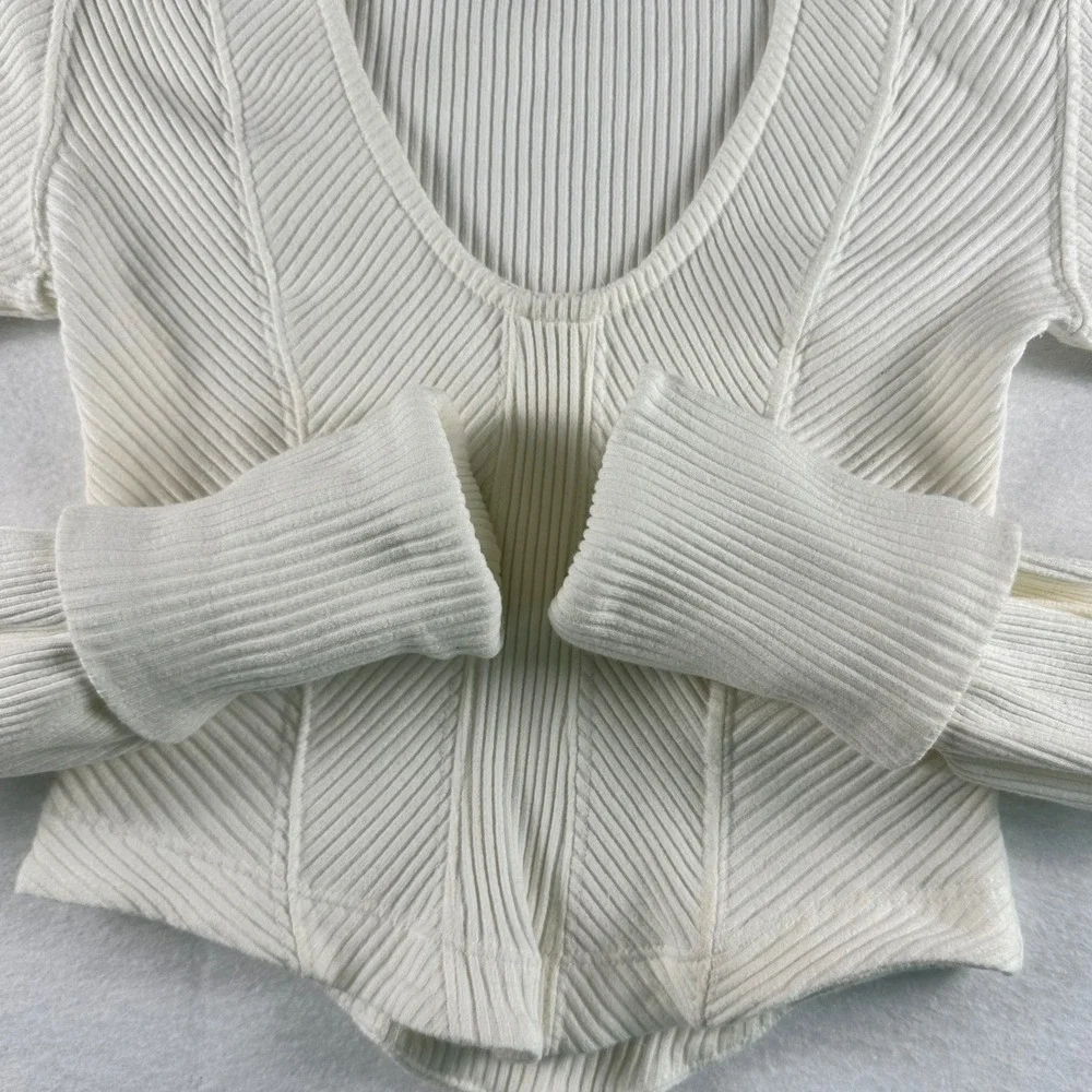 Free People White Ribbed Knit Scoop Neck Corset Top Long Sleeve Wide Cuff Small